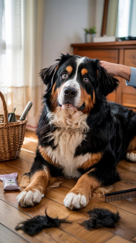 A Bernese Mountain Dog being groomed with a de-shedding rake, surrounded by loose fur during heavy shedding season
