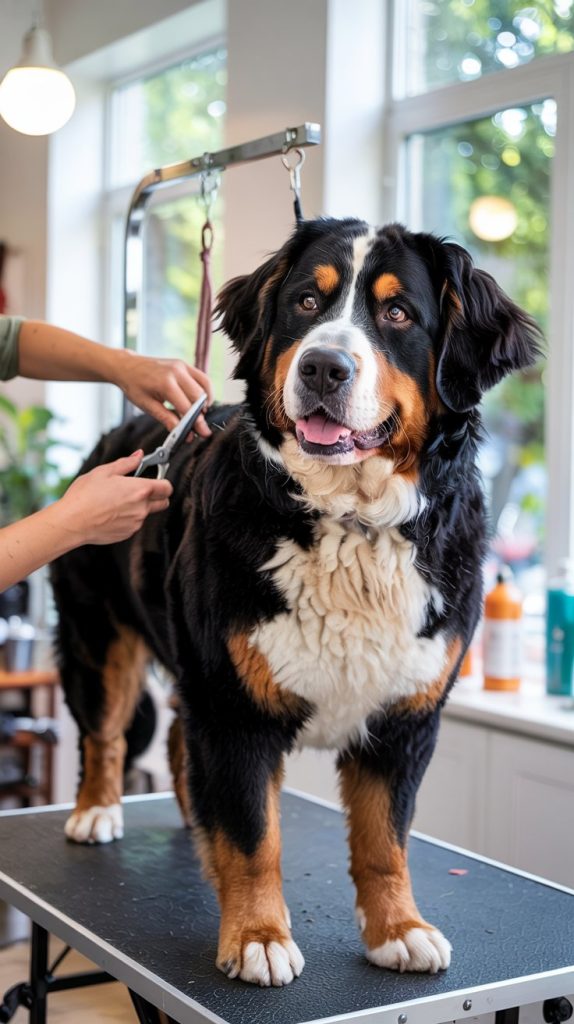 Thinning shears cutting through dog's fur,