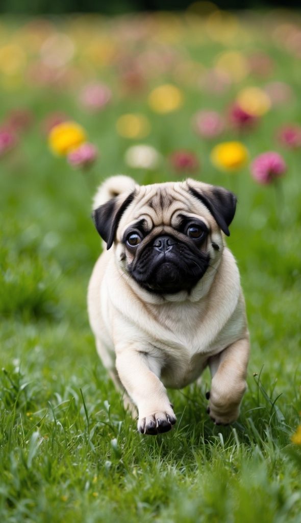 pug playing in grassy field