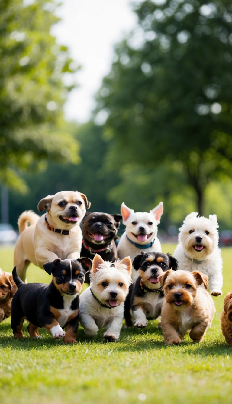 A park with 22 small dog breeds playing together, all looking like adorable puppies despite their adult age