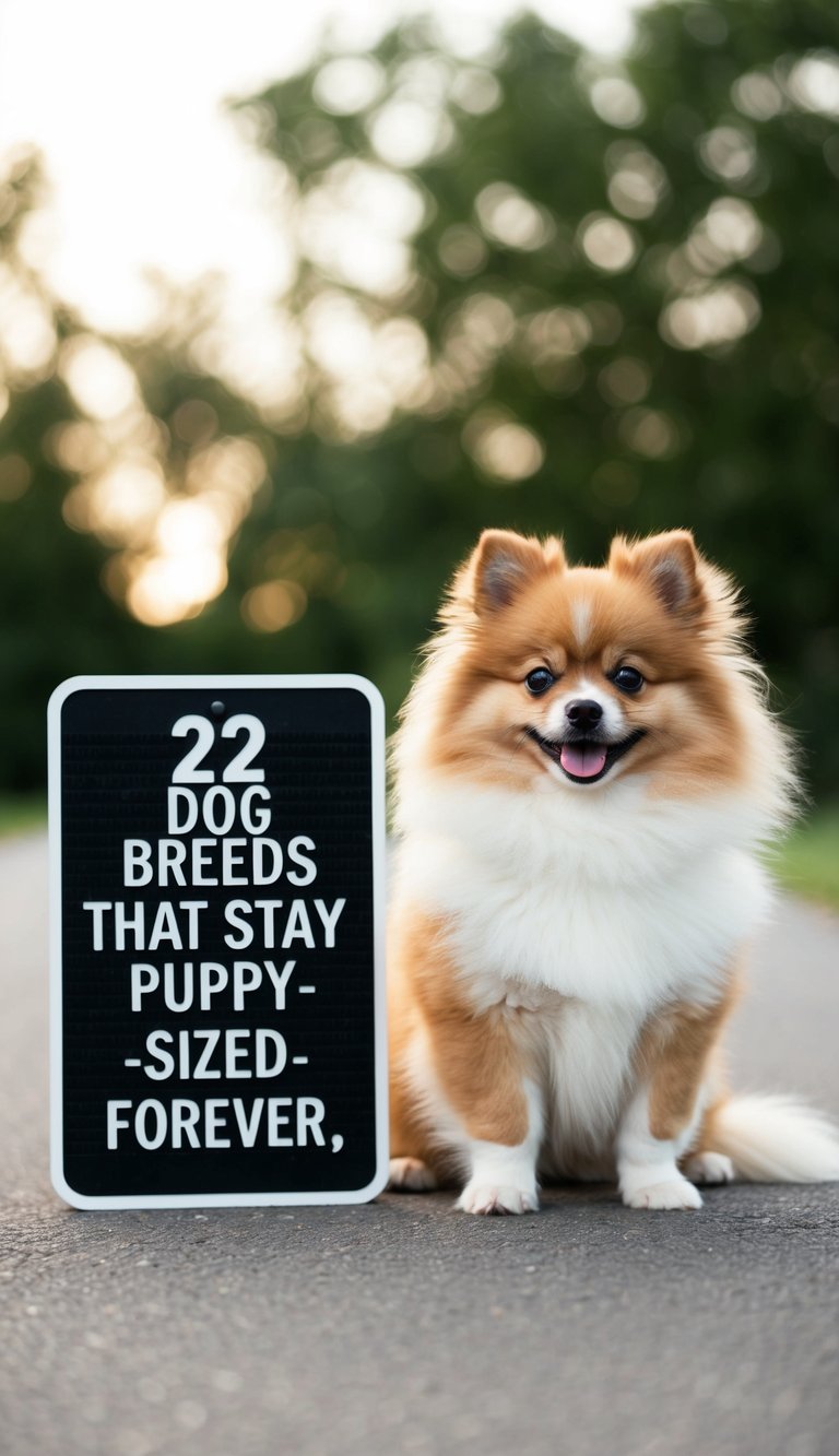 A fluffy Pomeranian stands next to a sign listing "22 Dog Breeds That Stay Puppy-Sized Forever," looking adorable and small