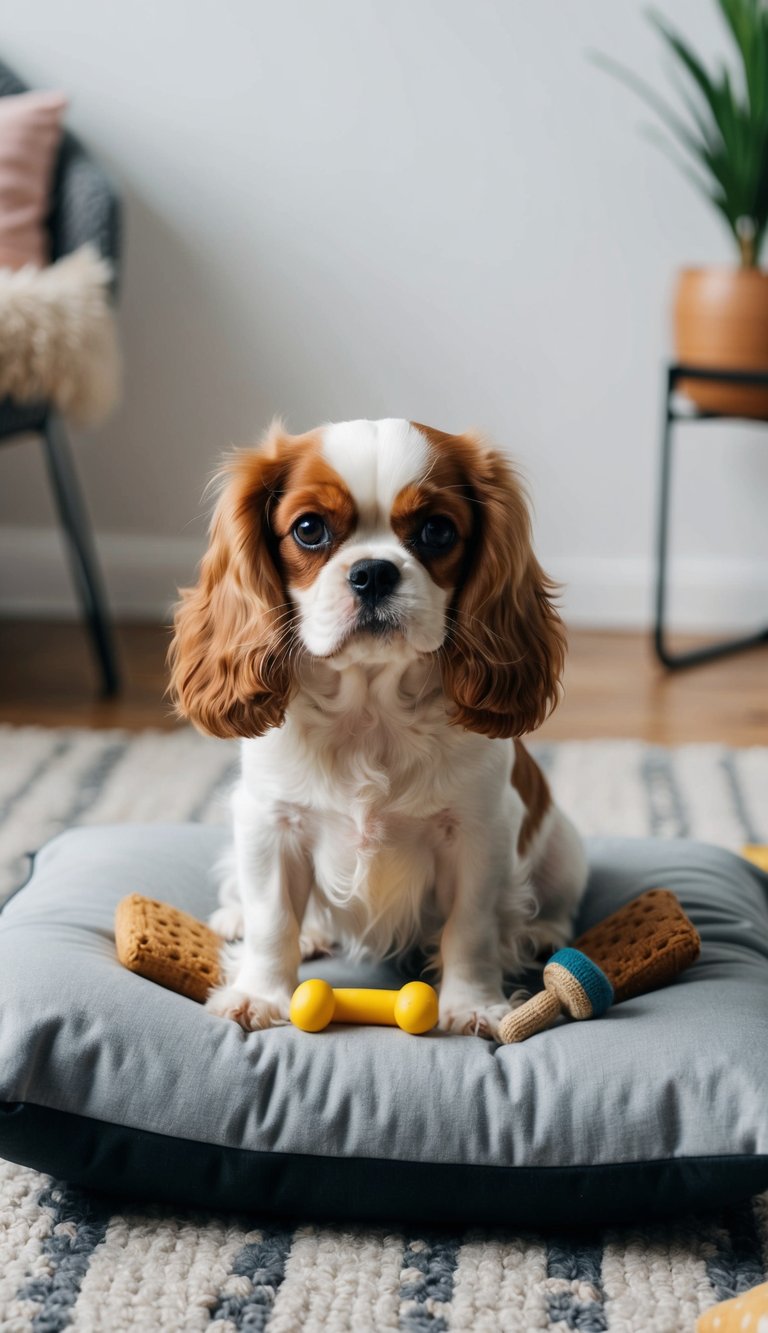 A Cavalier King Charles Spaniel sits on a cushion, surrounded by toys and treats. Its fluffy ears and soulful eyes convey an endearing puppy-like charm