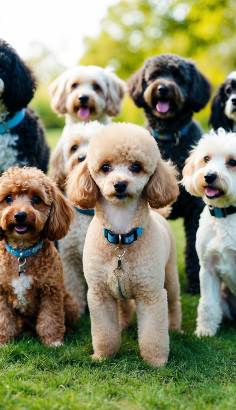 A small Toy Poodle stands among a group of various dog breeds, showcasing its petite size and fluffy coat