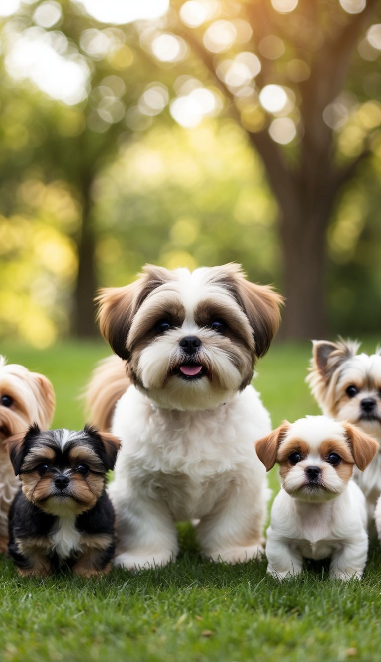 A lively Shih Tzu stands among a group of various small dog breeds, showcasing its adorable puppy-sized stature