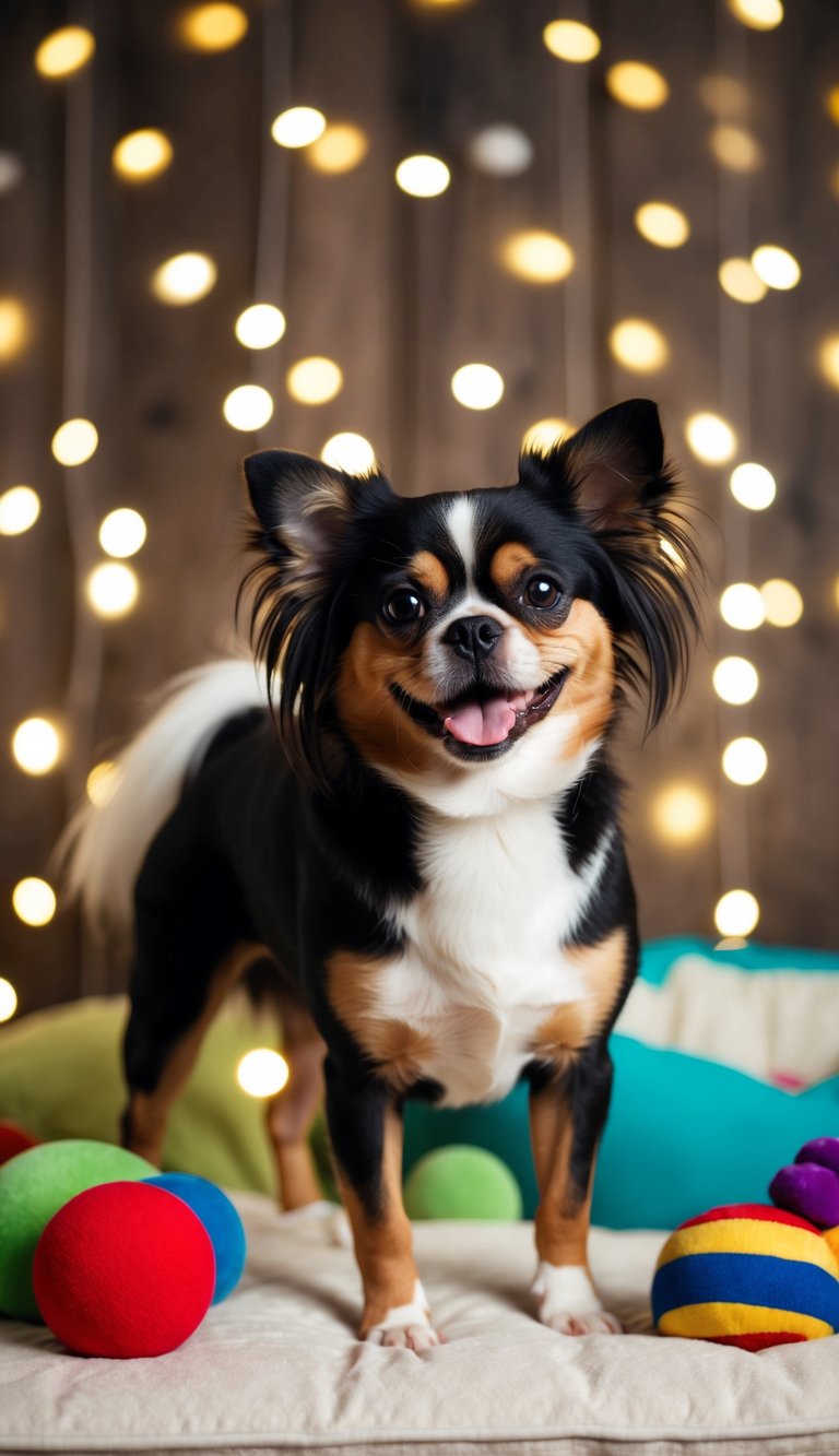 A Japanese Chin dog stands with a playful expression, surrounded by colorful toys and a cozy bed