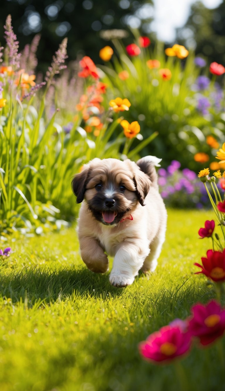 A playful Havanese puppy romping in a sunlit garden, surrounded by colorful flowers and tall grass