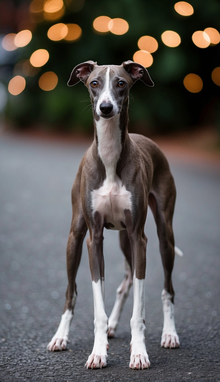 An Italian Greyhound stands gracefully, its slender frame and delicate features showcasing its puppy-like size and charm