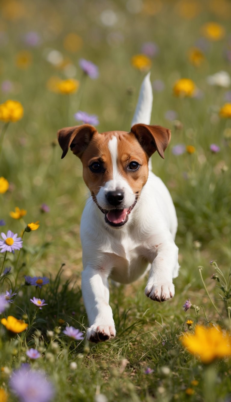 A playful Jack Russell Terrier frolics in a field of wildflowers, its small size and energetic demeanor capturing the essence of forever puppyhood