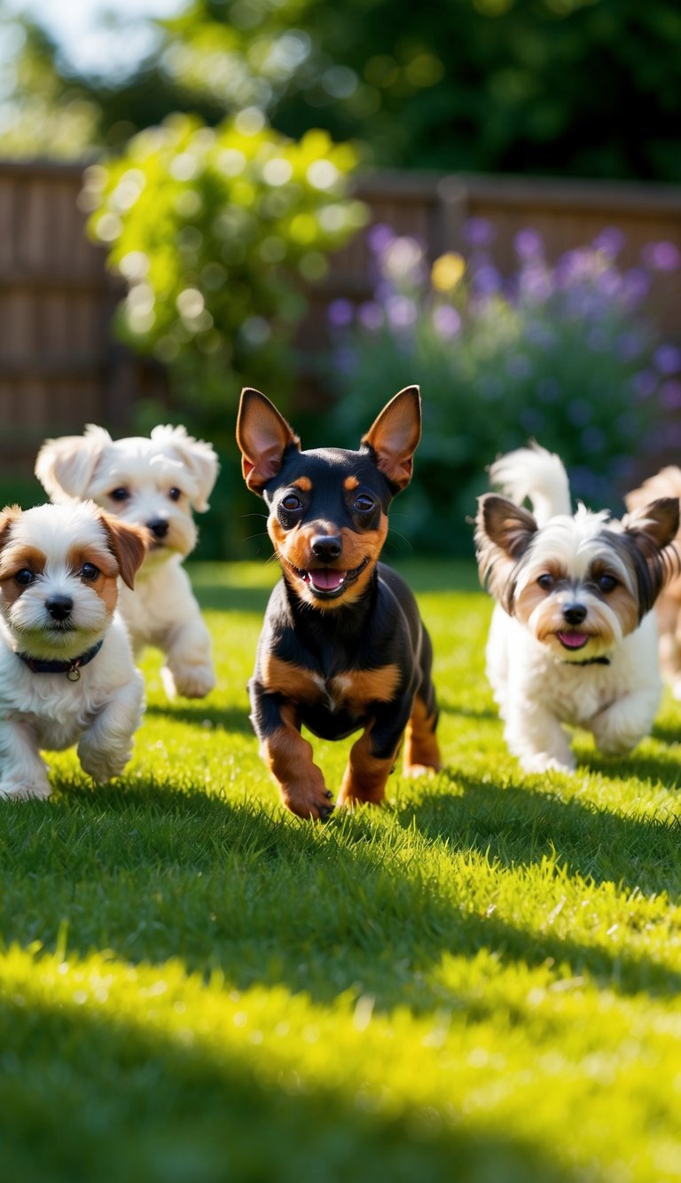 A lively Miniature Pinscher plays in a sunlit garden, surrounded by other small dog breeds, all staying puppy-sized forever