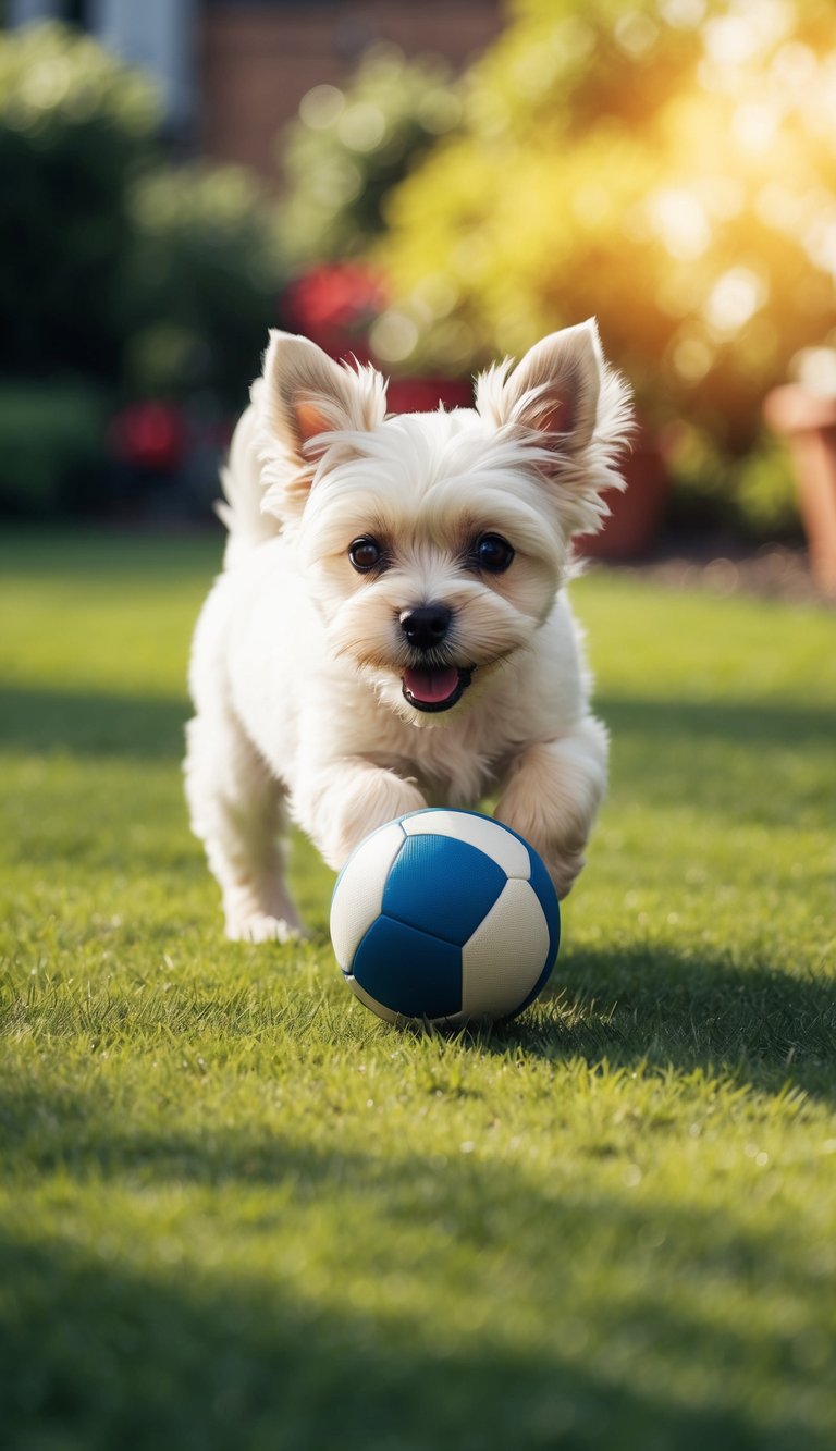 A playful Maltese puppy chasing a ball in a sunlit garden