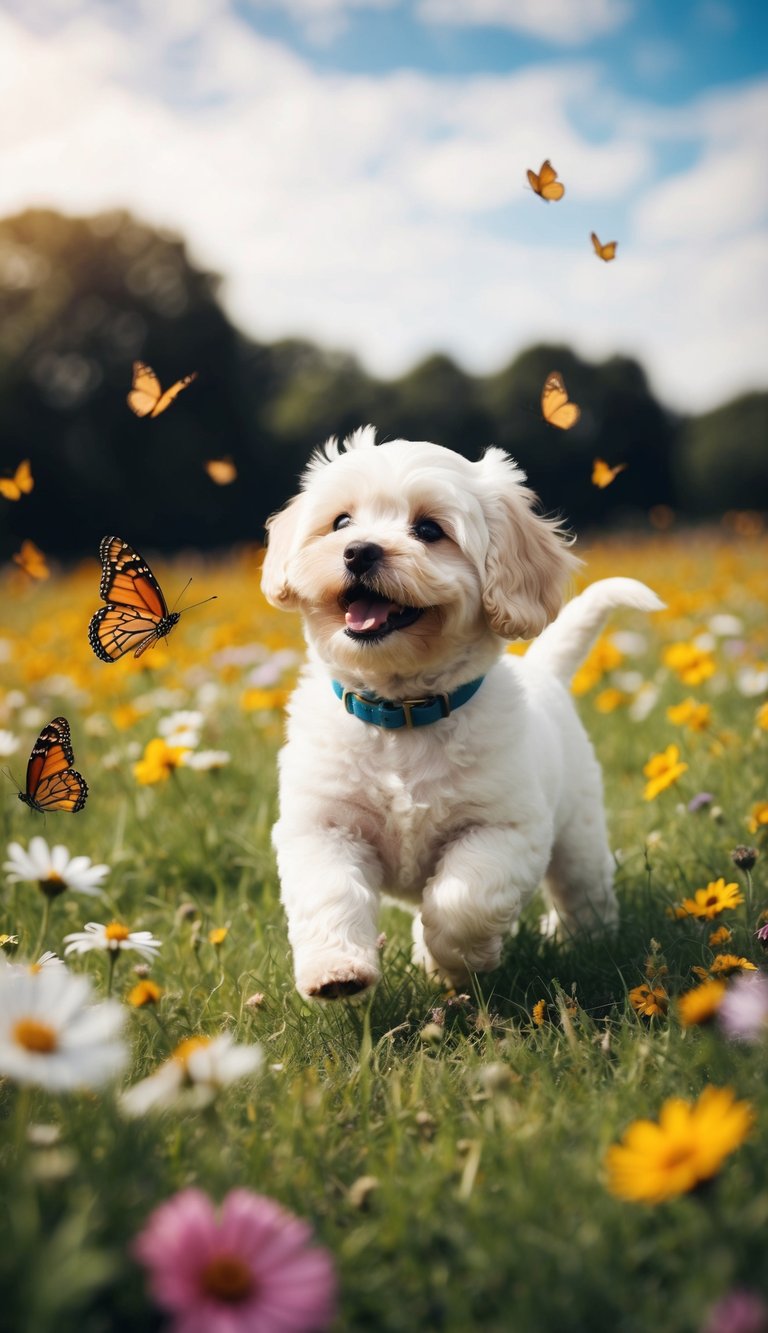 A Bichon Frise puppy playing in a field of flowers, surrounded by butterflies and looking up at the sky with a joyful expression