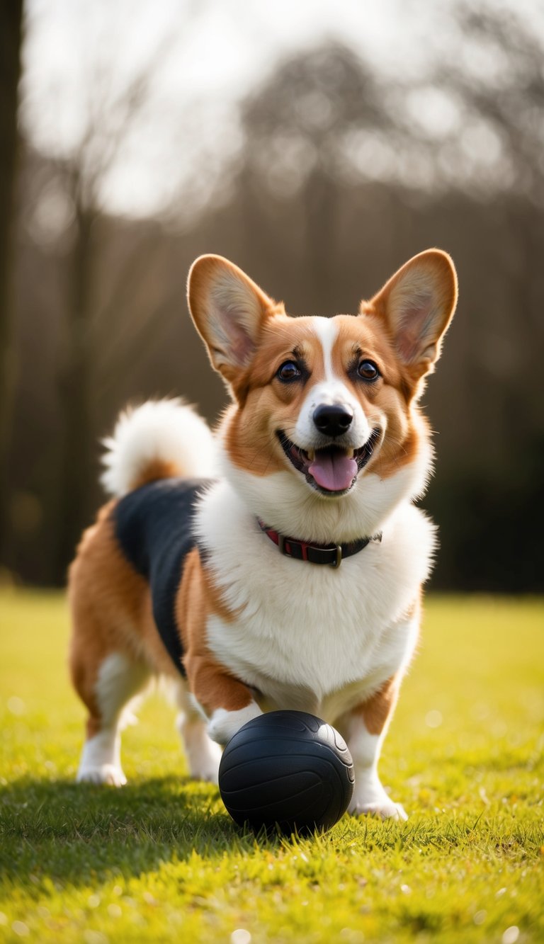 A Pembroke Welsh Corgi stands playfully with a ball, its short legs and long body characteristic of the breed