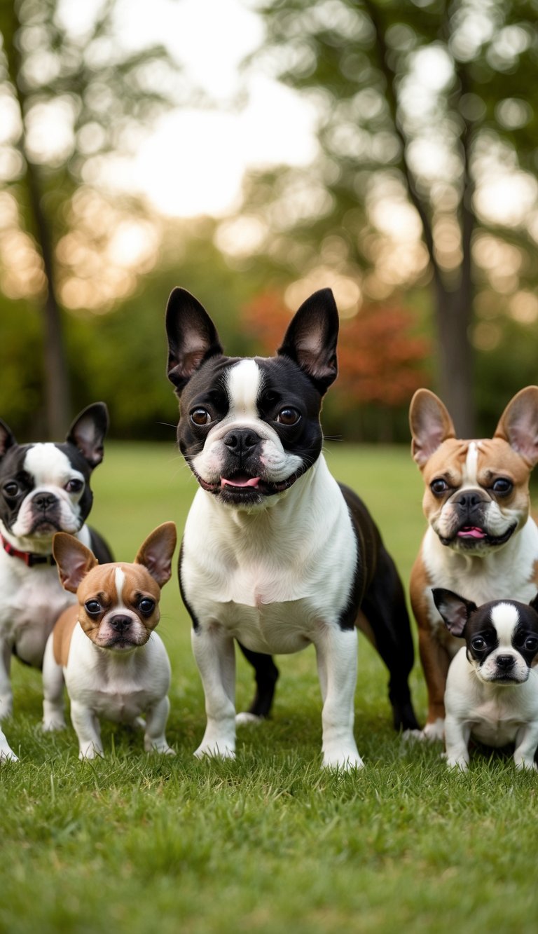 A Boston Terrier stands playfully among a group of various small dog breeds, showcasing their puppy-sized stature