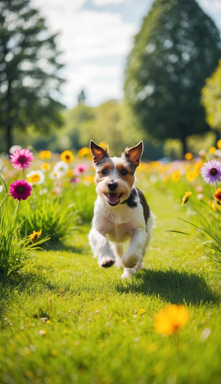 A playful Manchester Terrier romping in a sunlit park, surrounded by colorful flowers and tall grass