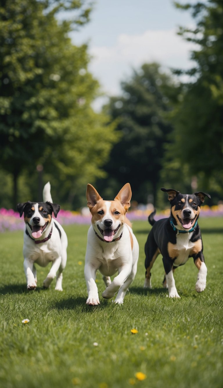 A variety of hypoallergenic dog breeds playing in a grassy park, surrounded by trees and flowers