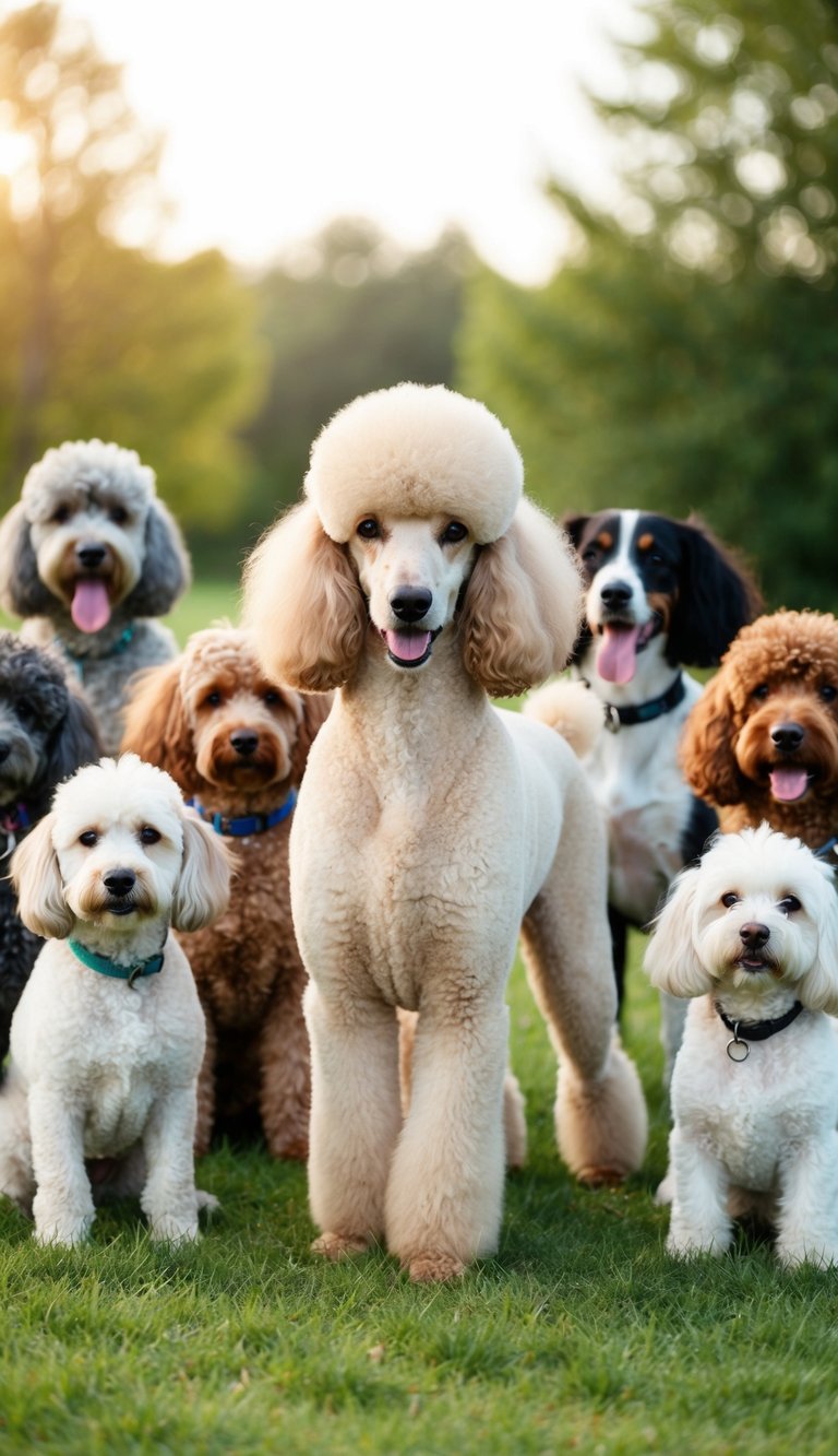 A fluffy poodle stands proudly among a group of various hypoallergenic dog breeds, showcasing their unique appearances and personalities