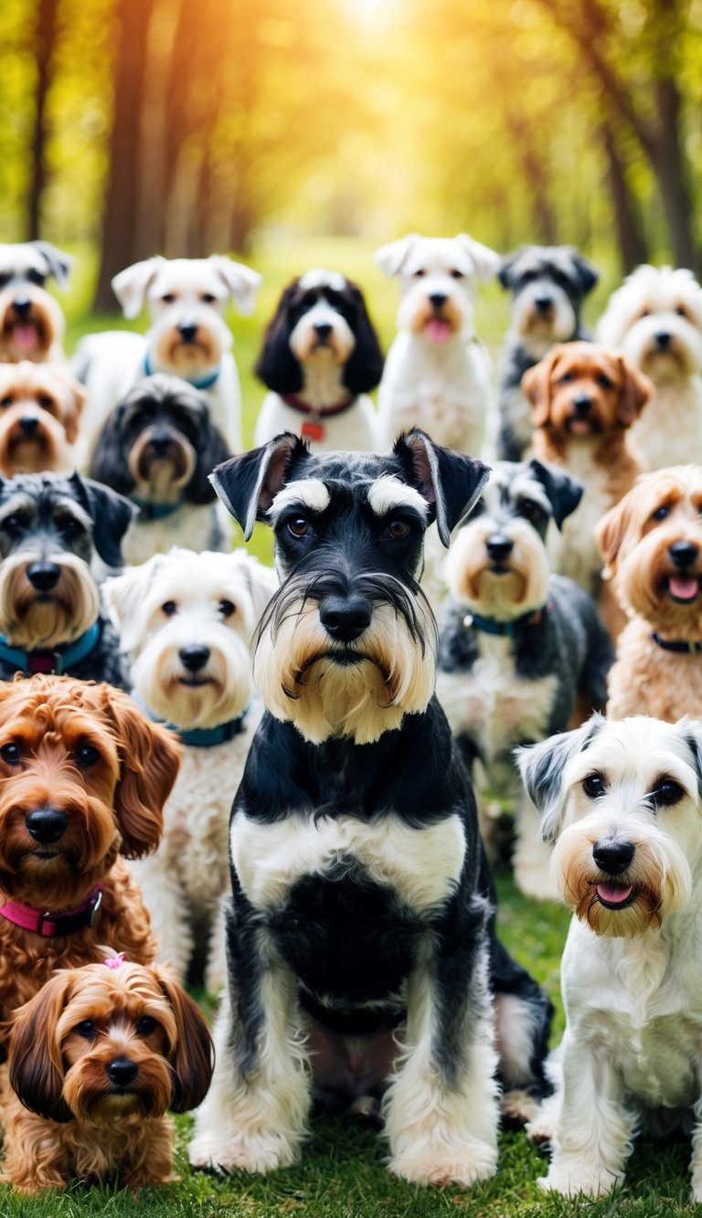 A Schnauzer sits among 22 other hypoallergenic dog breeds, surrounded by allergy-prone pet lovers