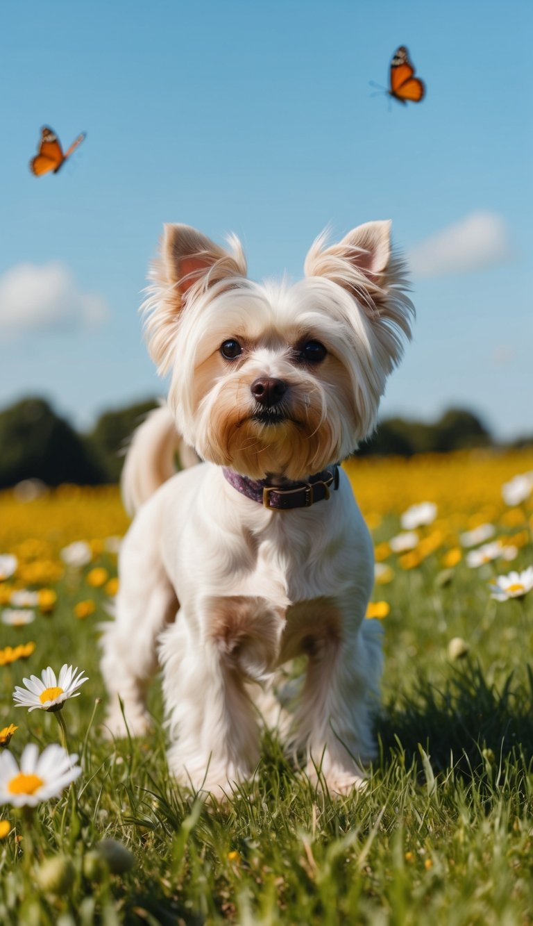 A Maltese dog standing on a grassy field, surrounded by flowers and butterflies, with a clear blue sky in the background