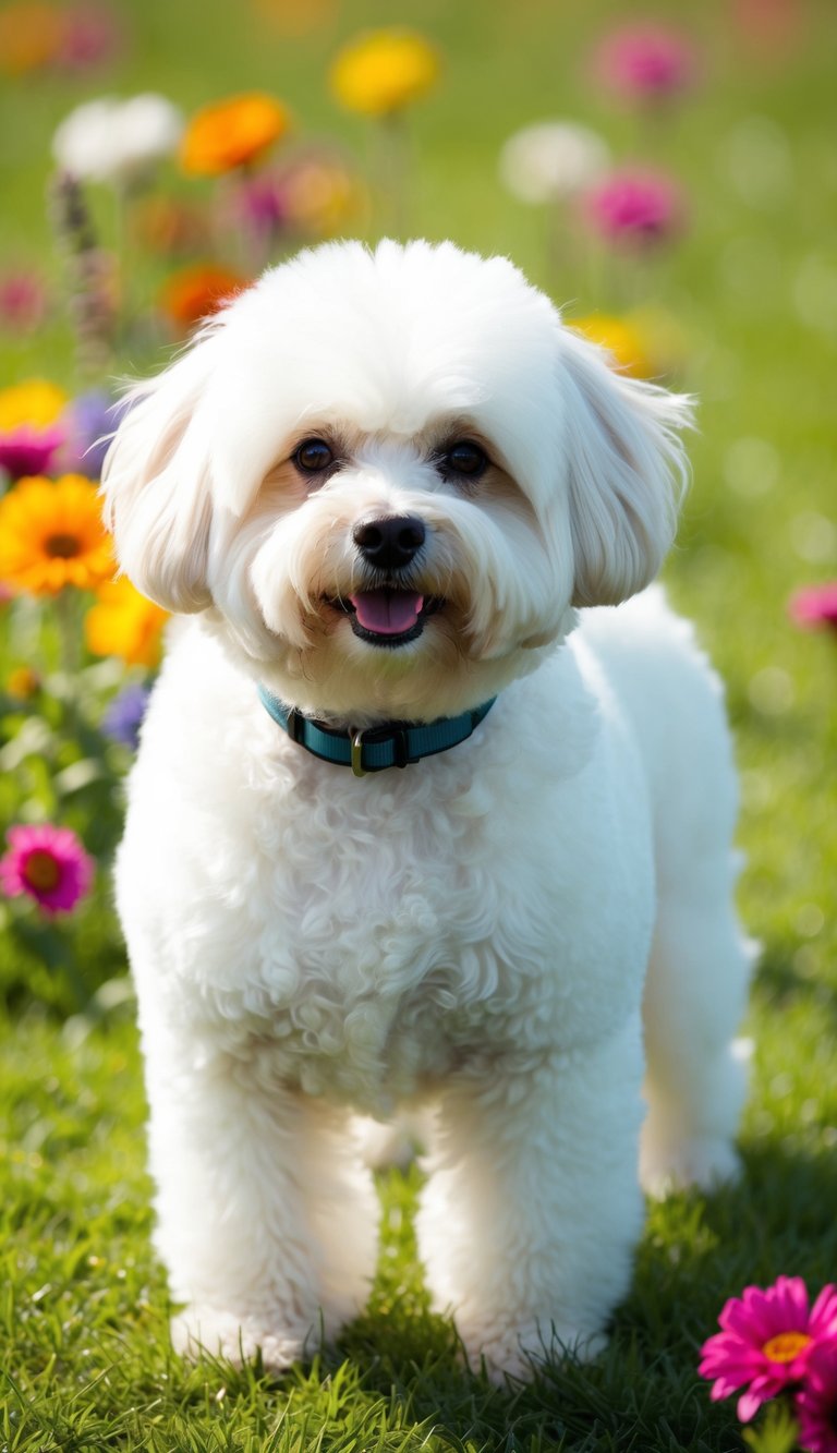 A Bichon Frise stands on a grassy field, surrounded by colorful flowers. Its fluffy white coat glistens in the sunlight, and its bright, friendly eyes exude warmth and playfulness