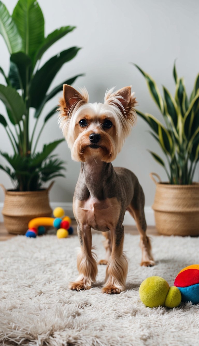 A Chinese Crested dog stands on a fluffy rug, surrounded by hypoallergenic plants and toys