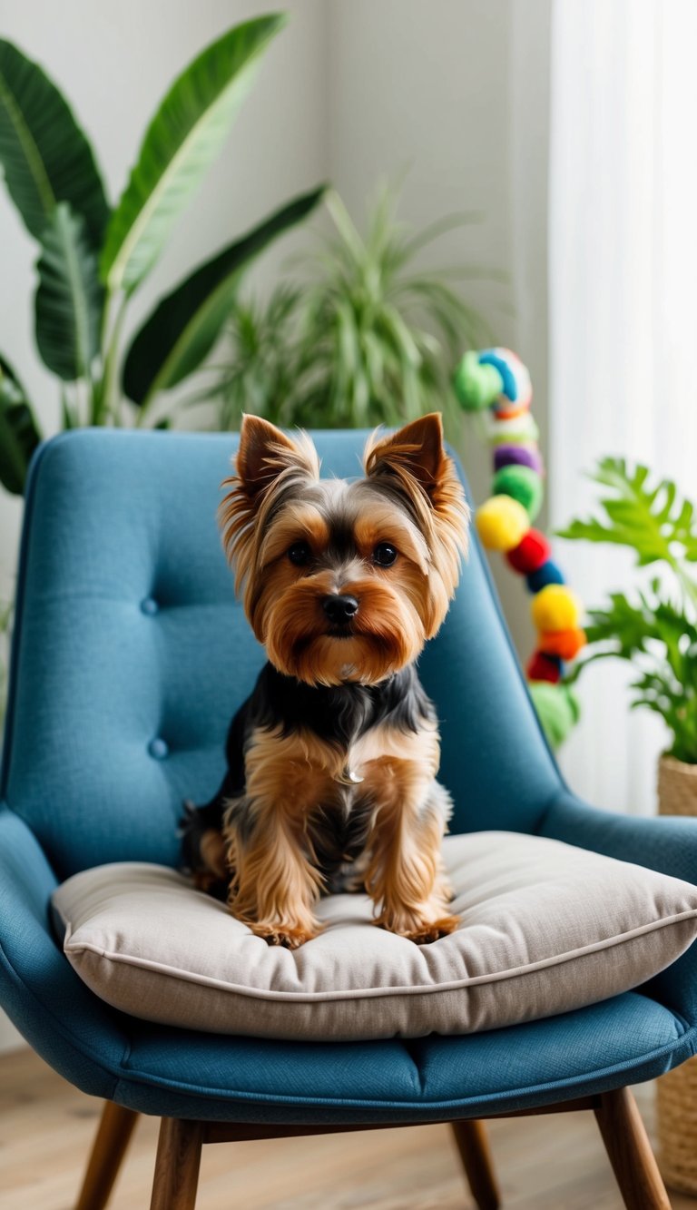 A Yorkshire Terrier sitting on a cushioned chair, surrounded by hypoallergenic plants and toys
