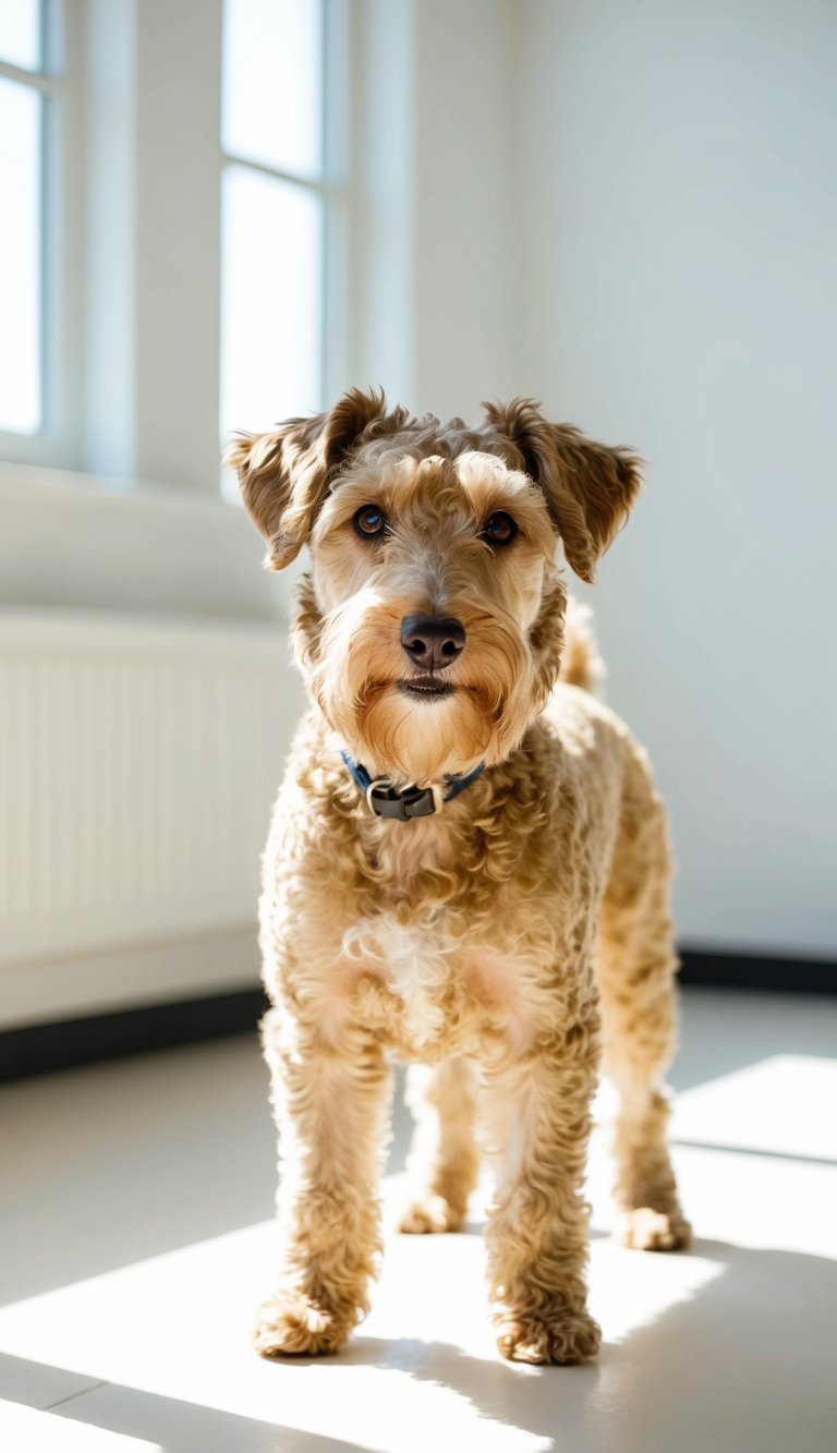 A Bedlington Terrier stands in a bright, airy room, its curly, hypoallergenic coat shining in the sunlight. The dog looks alert and friendly, with its distinctive lamb-like appearance