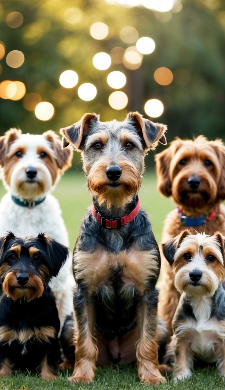 A wire-haired terrier sits among a variety of hypoallergenic dog breeds, showcasing its unique coat and friendly demeanor