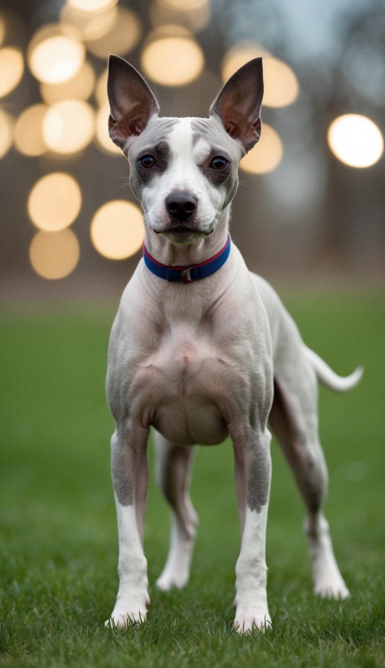 An American Hairless Terrier stands proudly, showcasing its hypoallergenic coat. Its alert expression and agile stance exude confidence and energy