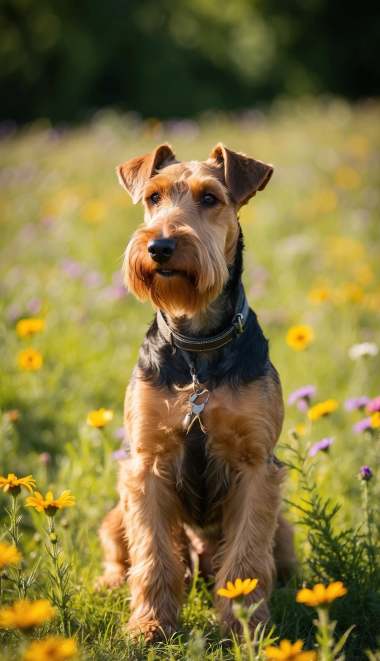 An Airedale Terrier stands proudly in a field of wildflowers, its hypoallergenic coat glistening in the sunlight