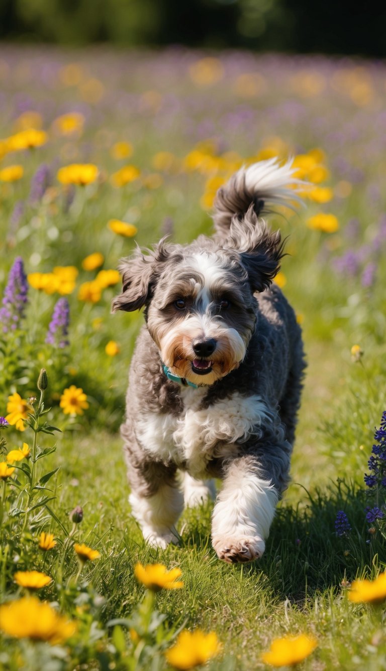 An Aussiedoodle playing in a field of wildflowers, with a gentle breeze blowing through its fur