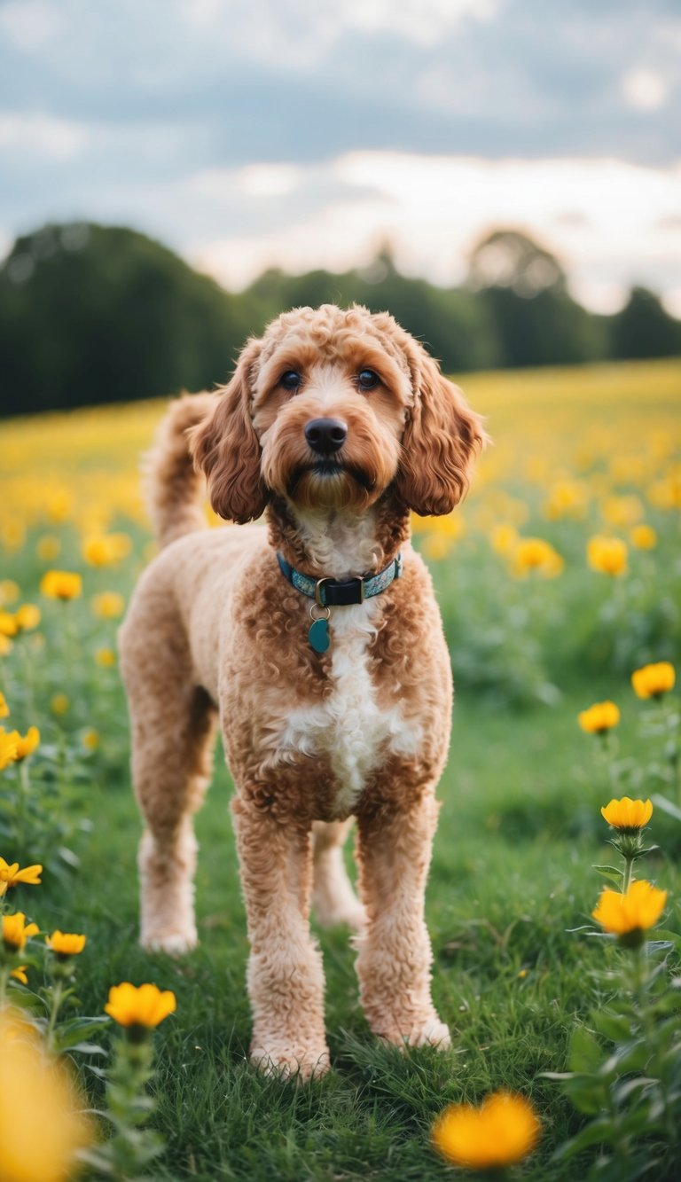 A Lagotto Romagnolo dog standing in a field of flowers, its curly coat blowing in the wind