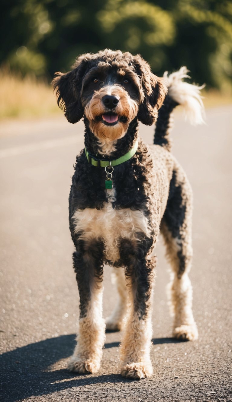 A Portuguese Water Dog stands proudly, its curly, hypoallergenic coat glistening in the sunlight. It exudes energy and intelligence, capturing the essence of a perfect companion for allergy-prone pet lovers