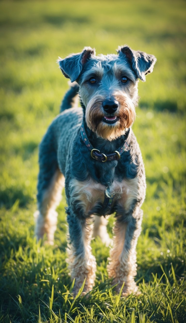 A Kerry Blue Terrier stands in a field of green grass, its curly blue-gray coat catching the sunlight. The dog's alert expression conveys intelligence and curiosity