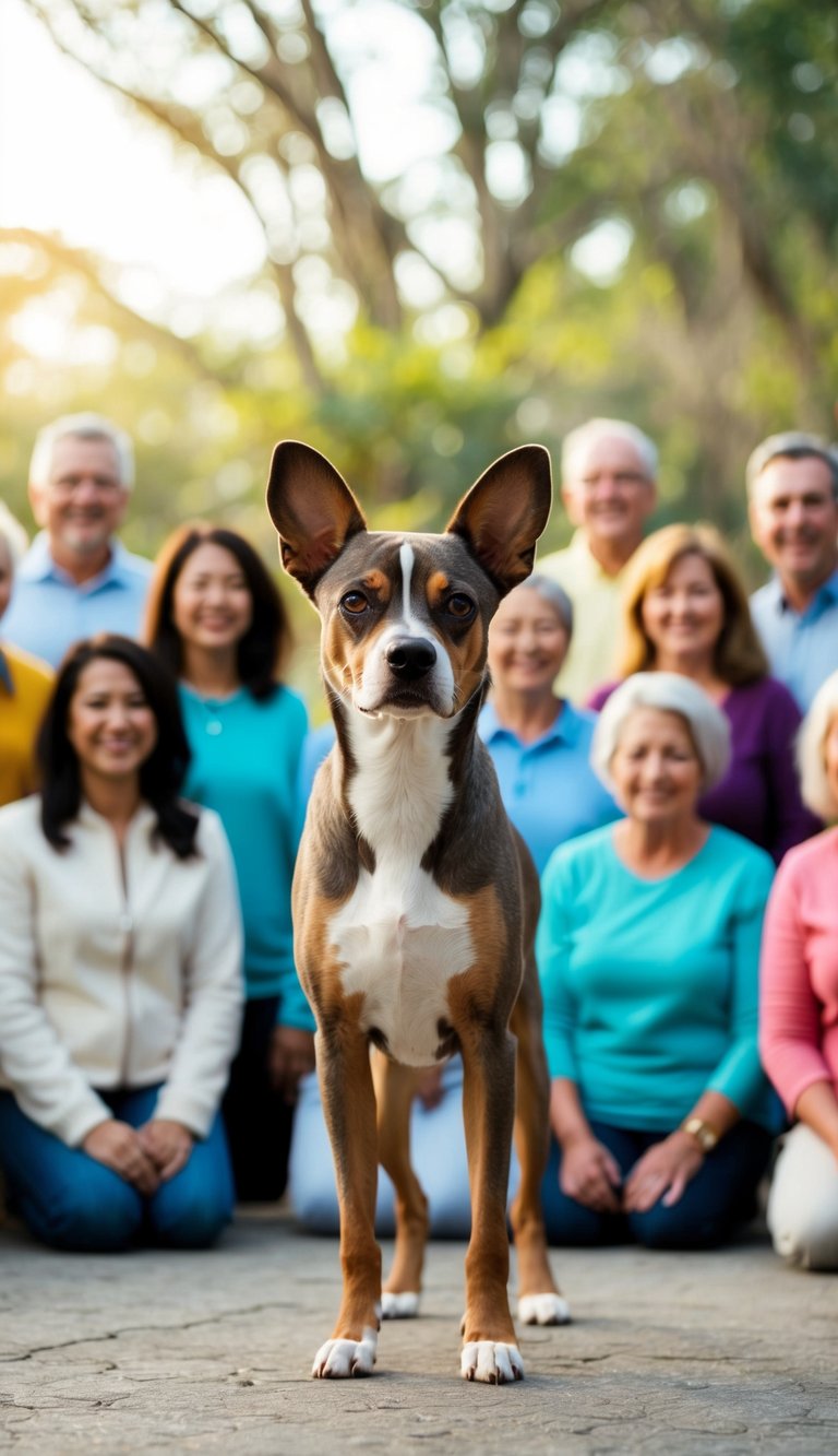 A Peruvian Inca Orchid dog standing proudly among a diverse group of allergy-prone pet lovers, symbolizing their hypoallergenic nature