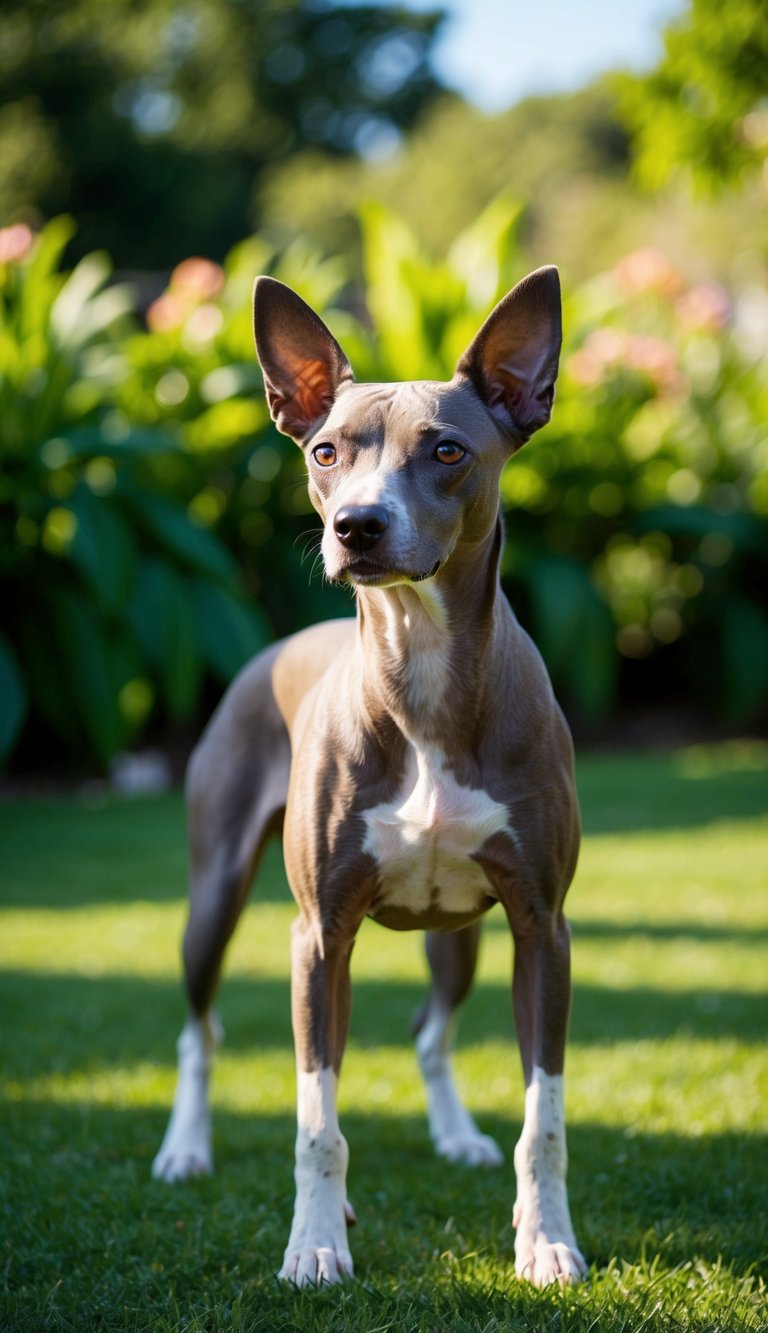 A Xoloitzcuintli dog stands proudly in a lush, green garden, its sleek, hairless body glistening in the sunlight. Its alert eyes and perky ears convey a sense of intelligence and loyalty
