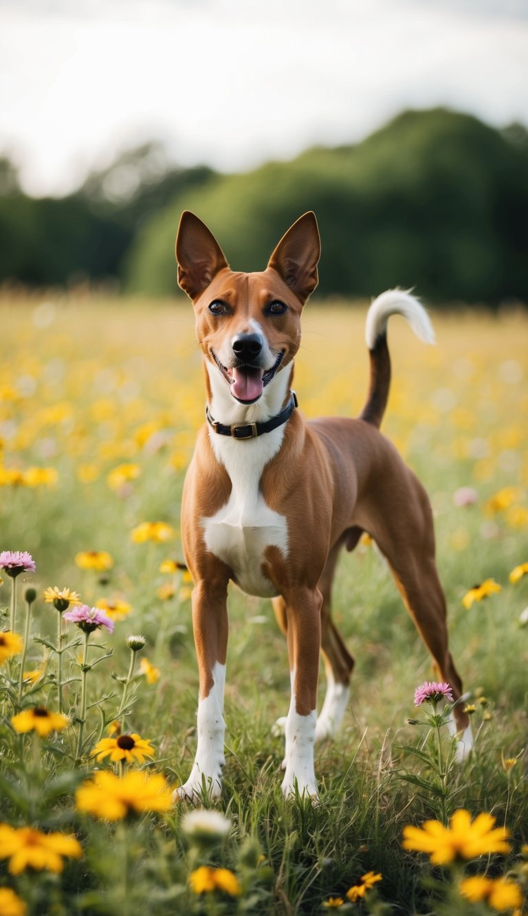 A Basenji dog stands proudly in a field of wildflowers, its ears perked up and its tail wagging happily, surrounded by a warm and inviting atmosphere