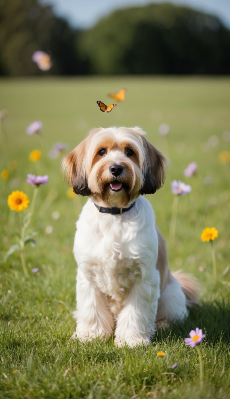 A Havanese dog with a soft, wavy coat stands on a grassy field, surrounded by flowers and butterflies. Its friendly expression exudes warmth and affection