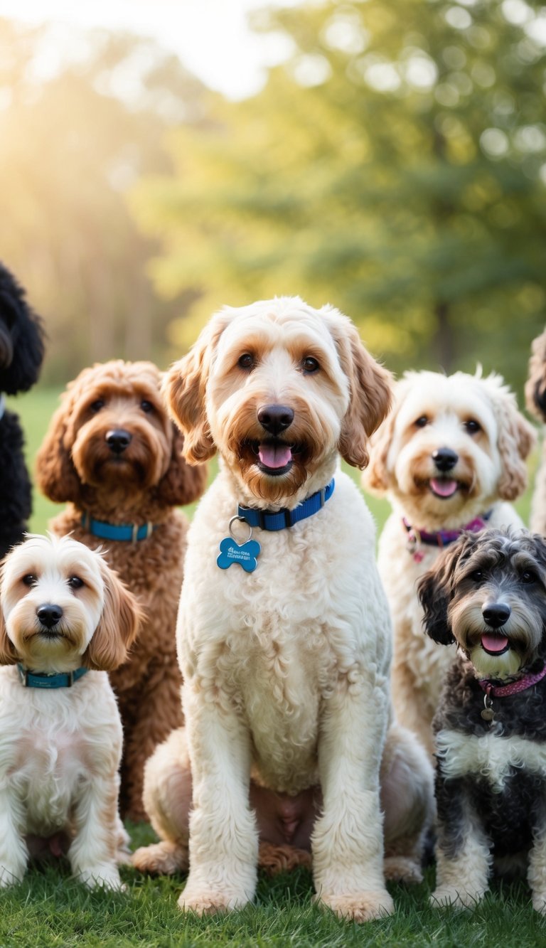 A labradoodle sits among a variety of hypoallergenic dog breeds, showcasing their fluffy coat and friendly demeanor