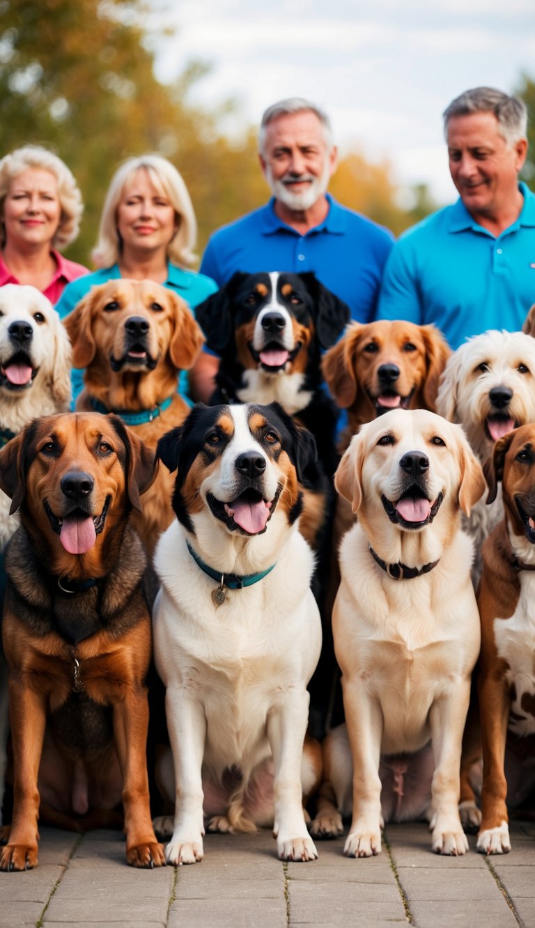 A group of 24 loyal dog breeds standing side by side, looking attentively at their owner with unwavering devotion