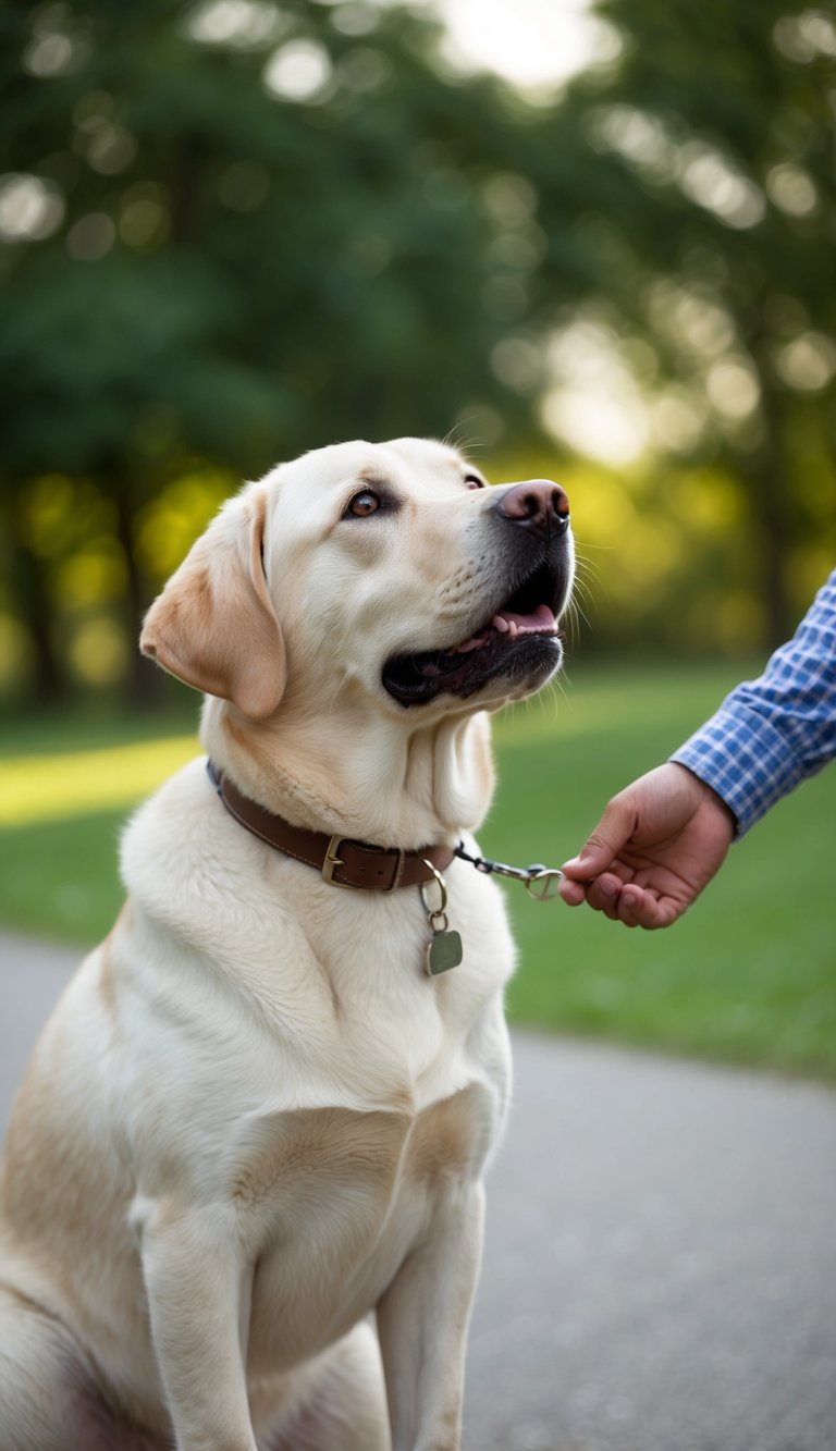 A loyal Labrador Retriever stands faithfully by its owner's side, gazing up with adoring eyes