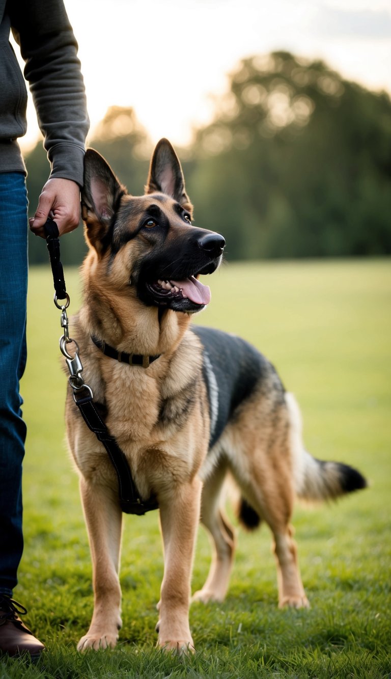 A German Shepherd standing faithfully by its owner's side, looking up with unwavering loyalty and devotion