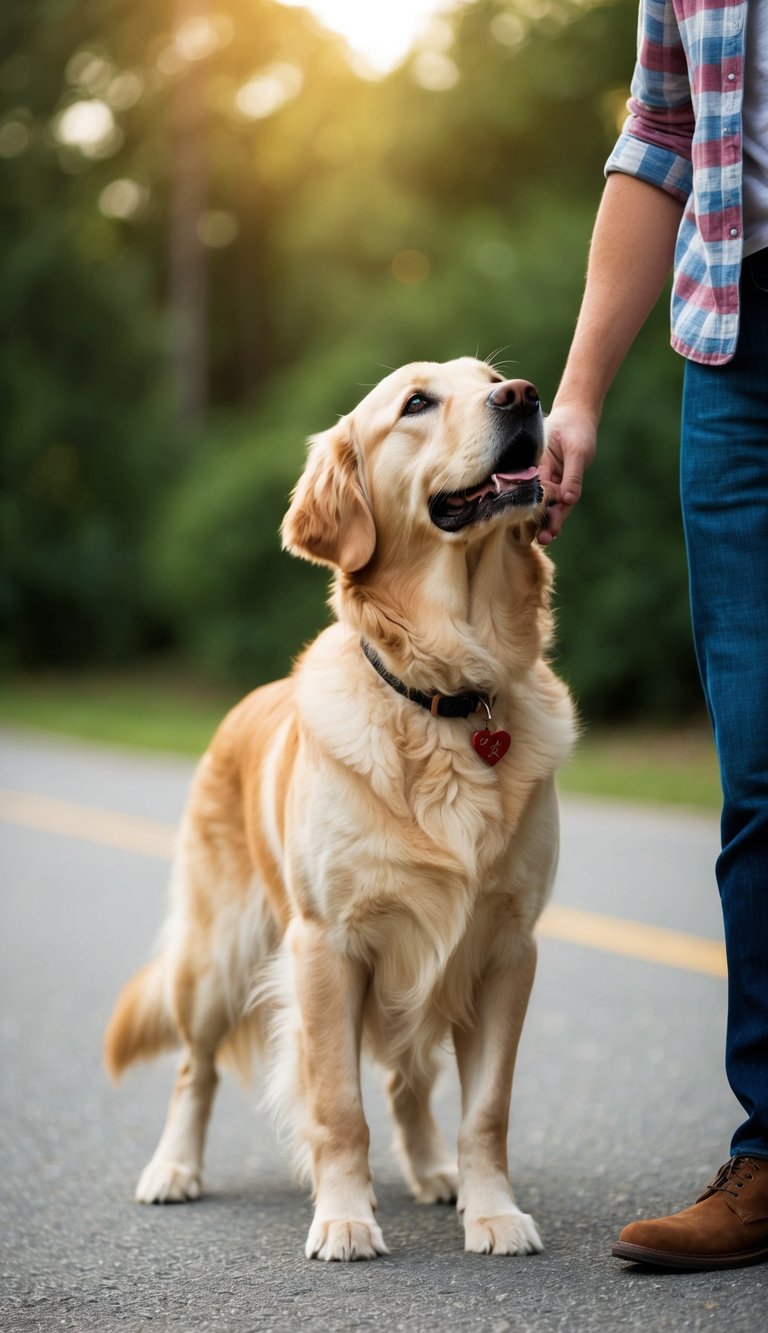 A Golden Retriever standing faithfully by its owner's side, looking up with adoring eyes