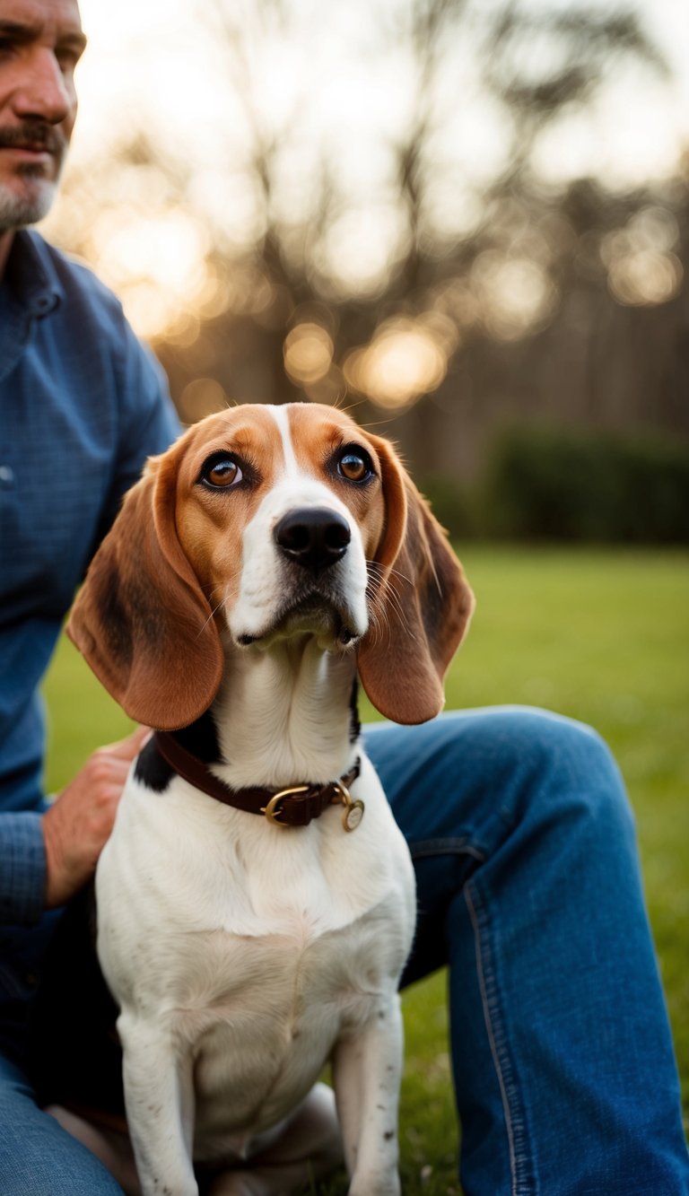 A beagle sits faithfully by its owner's side, looking up with adoring eyes