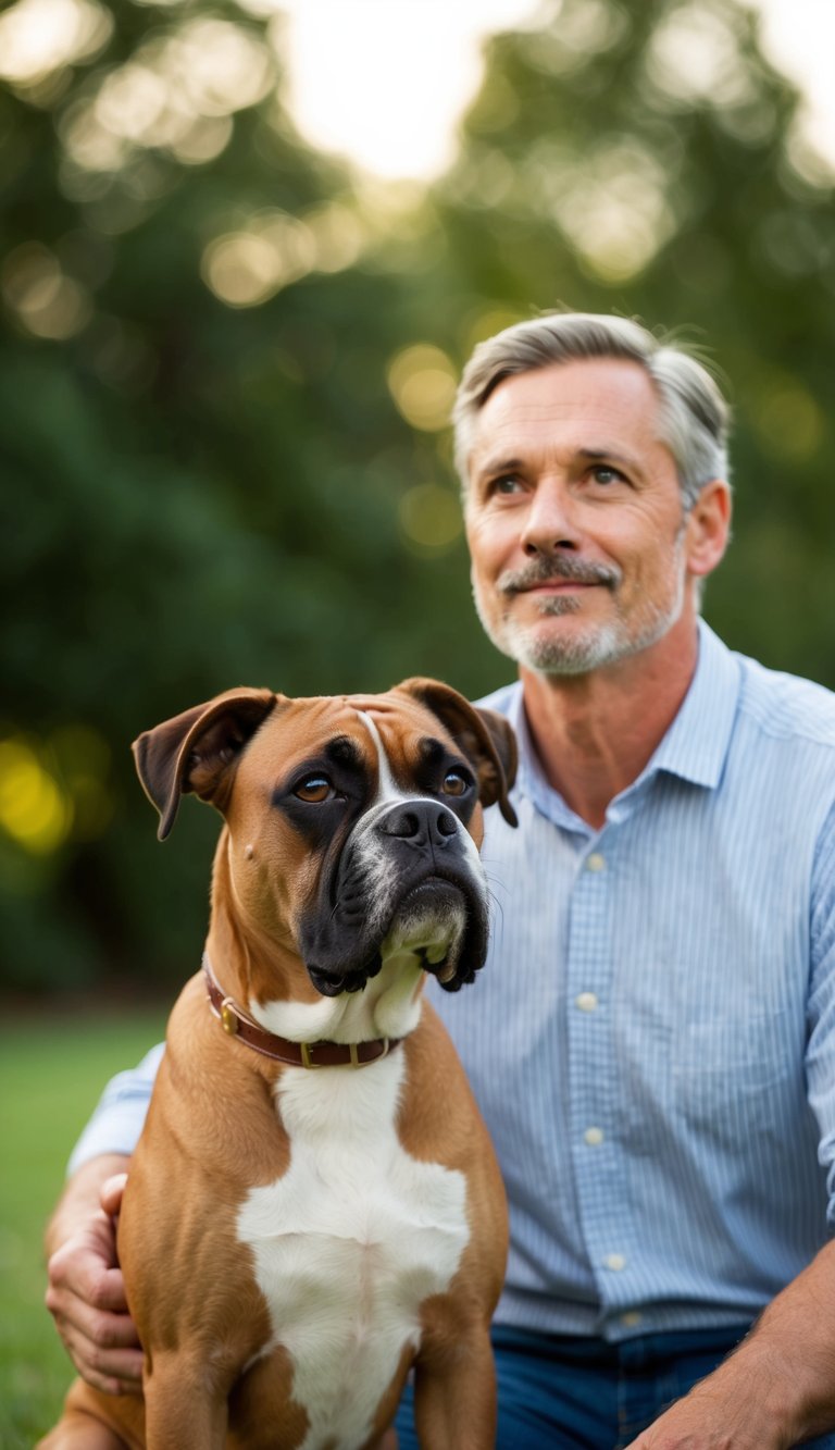 A boxer dog sits faithfully by its owner's side, gazing up with adoring eyes