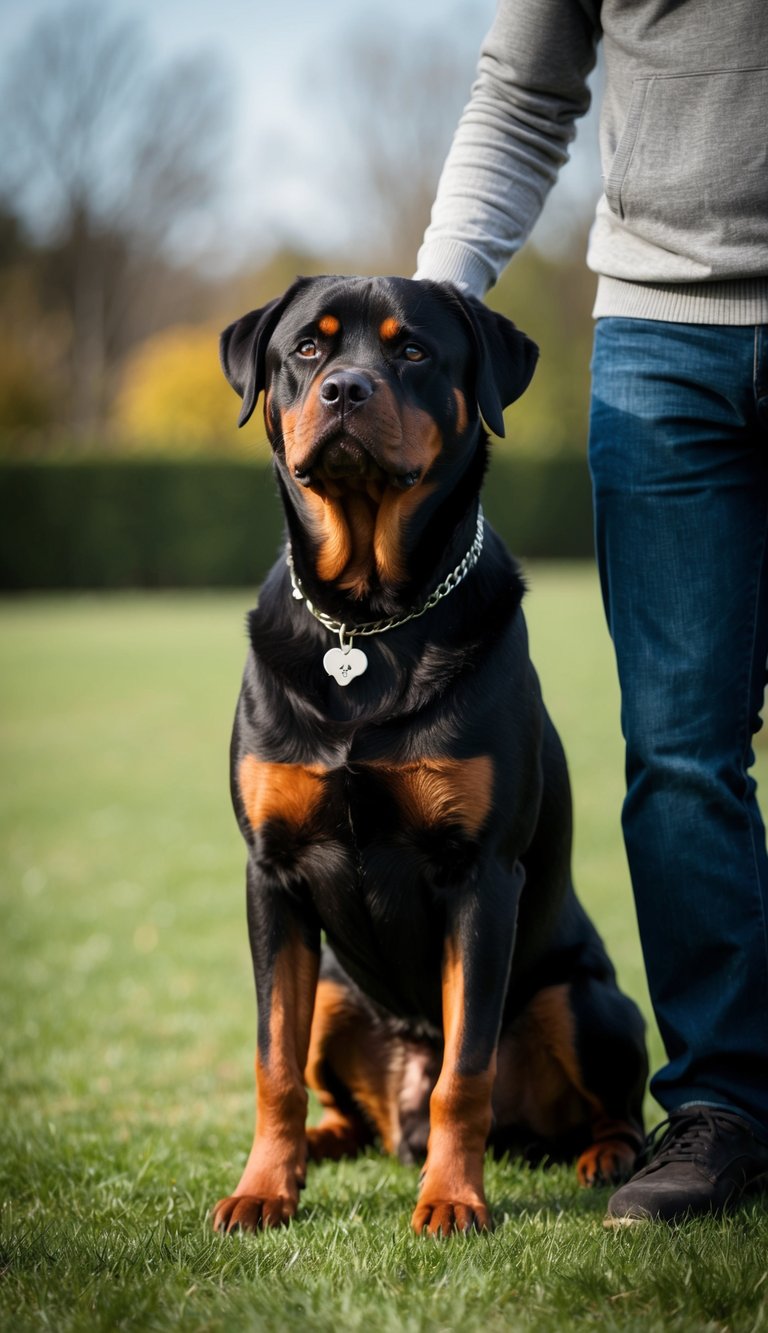 A Rottweiler stands faithfully by its owner's side, head held high and alert, exuding loyalty and devotion