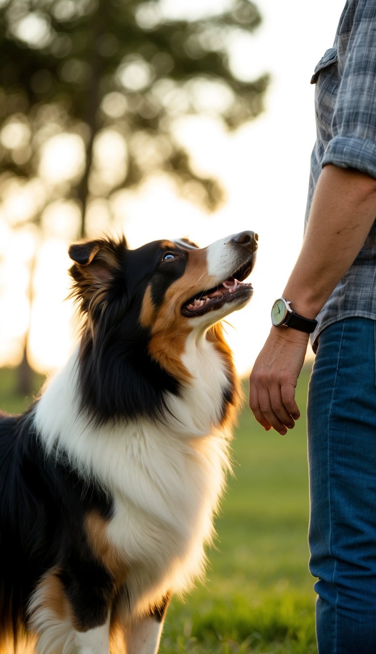 A collie dog standing faithfully by its owner's side, looking up with adoring eyes