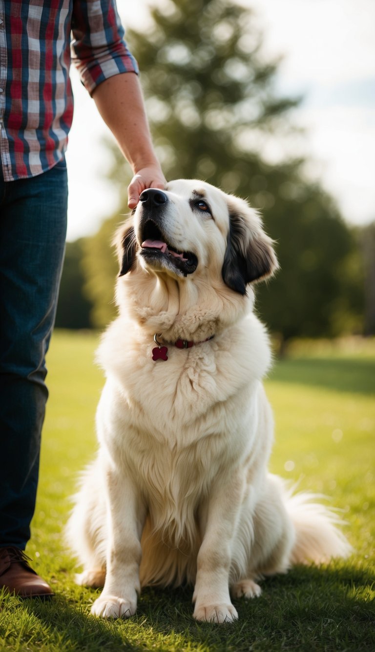 A Great Pyrenees dog standing faithfully by its owner's side, looking up with adoring eyes