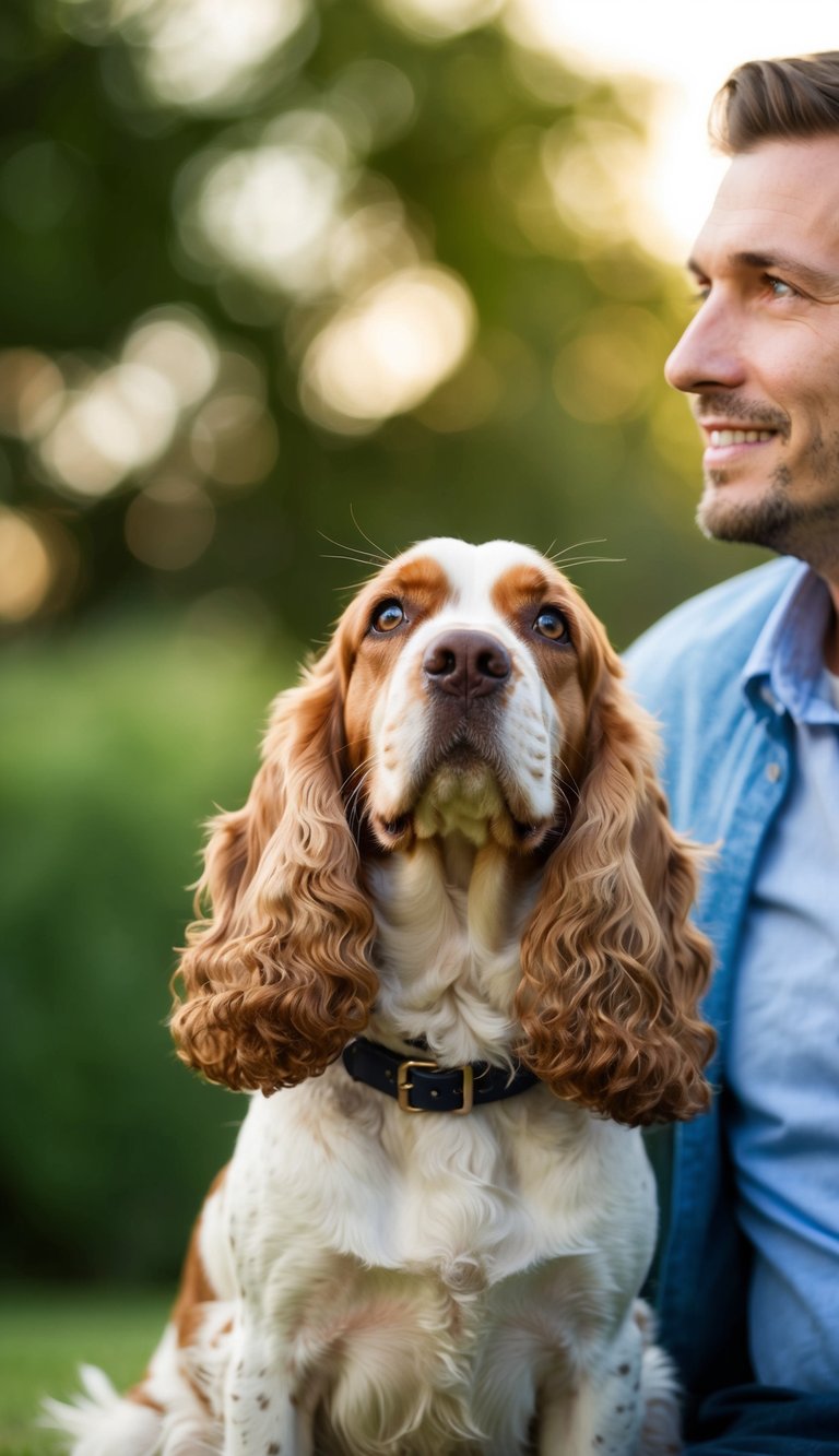 A Cocker Spaniel sits faithfully by its owner's side, gazing up with adoring eyes