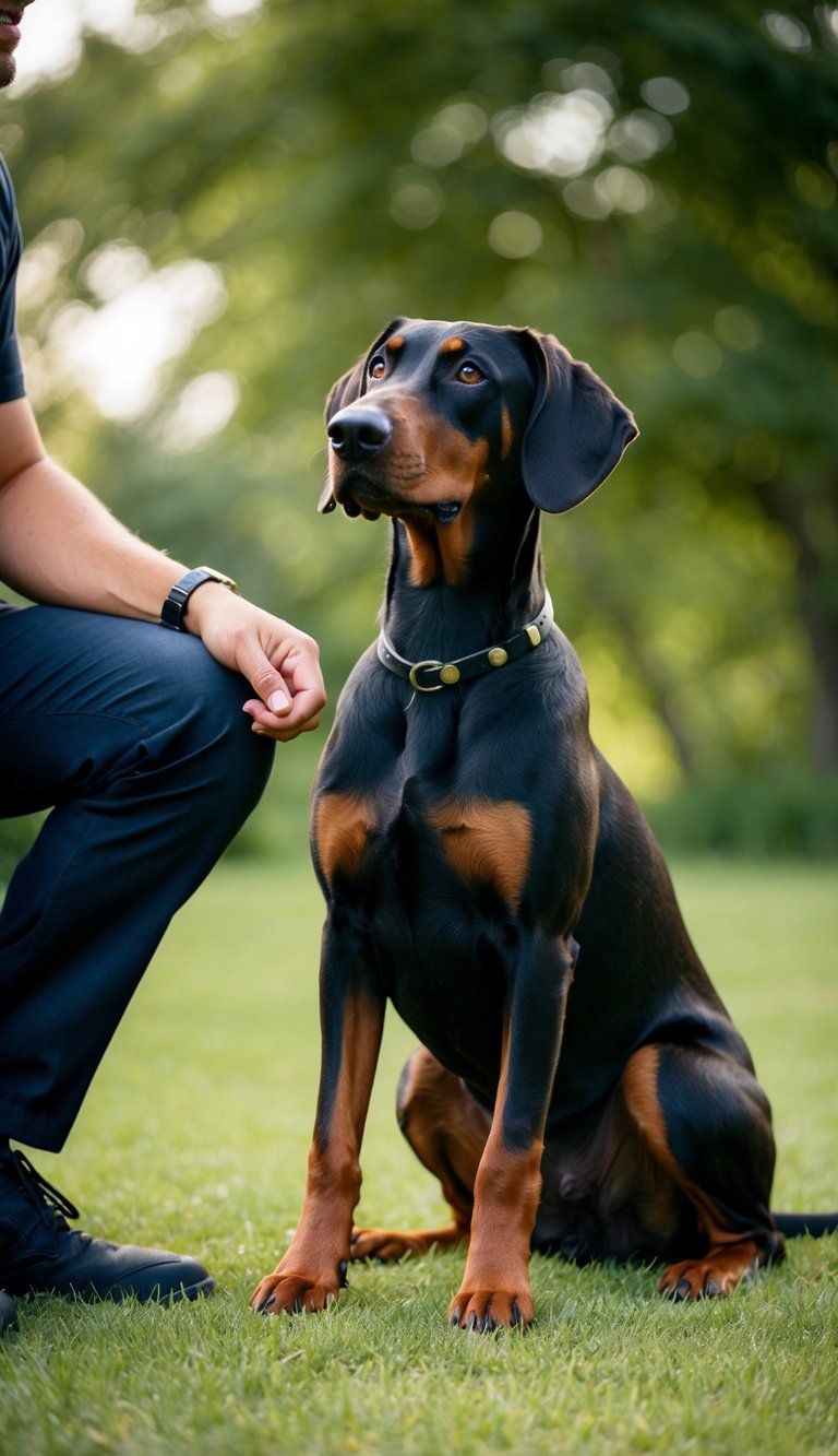 A Doberman Pinscher sitting faithfully by its owner's side, gazing up with unwavering loyalty and devotion