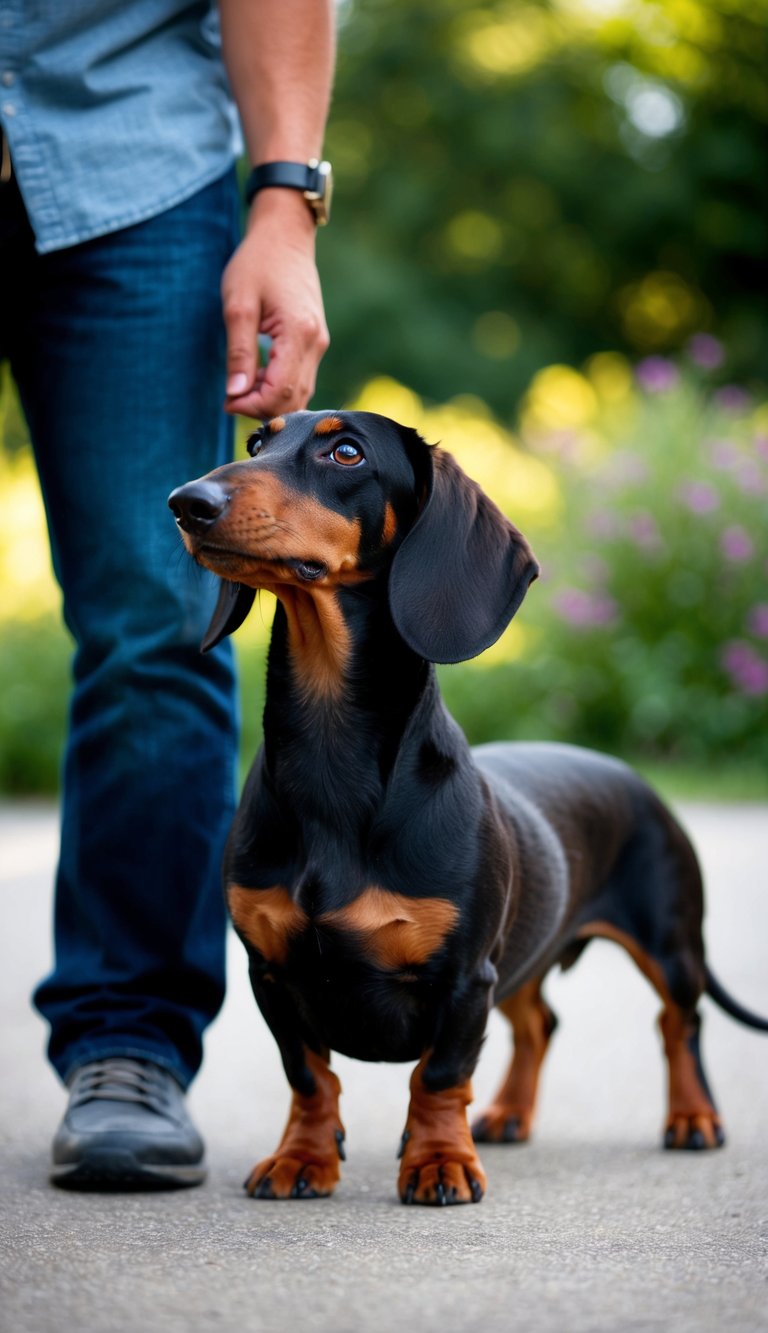 A dachshund standing faithfully by its owner's side, looking up with adoring eyes
